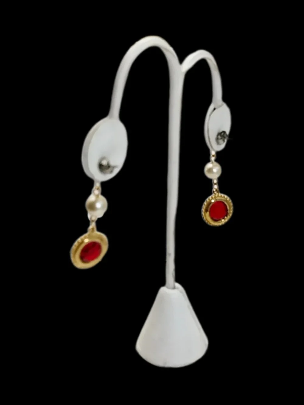 Deep Red Crystal & Faux Pearl Gold Tone Dangle Earrings 1.6